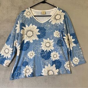Jess & Jane Shirt Asymmetrical Hem Blue White Daisy Womens Lg Cotton Vintage USA